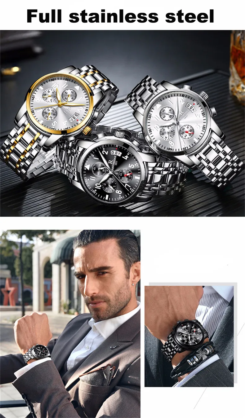 Classic Chronograph Men Watches Stainless Steel Top Brand Luxury Quartz Watch Mens Sport Business Male Waterproof Clock 2022