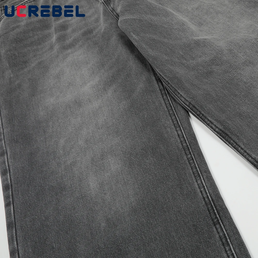 Retro Black Gray Jeans Mens Spring Fleece Washed Distressed High Street Loose Straight Wide Leg Denim Pants Men 5