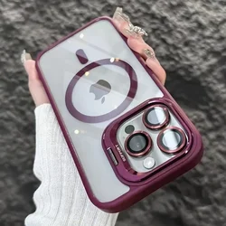 Premium Transparent Magnetic Wireless Charging Case with Metal Stand and Glass Lens Protection - iPhone 17 (Wine Red)