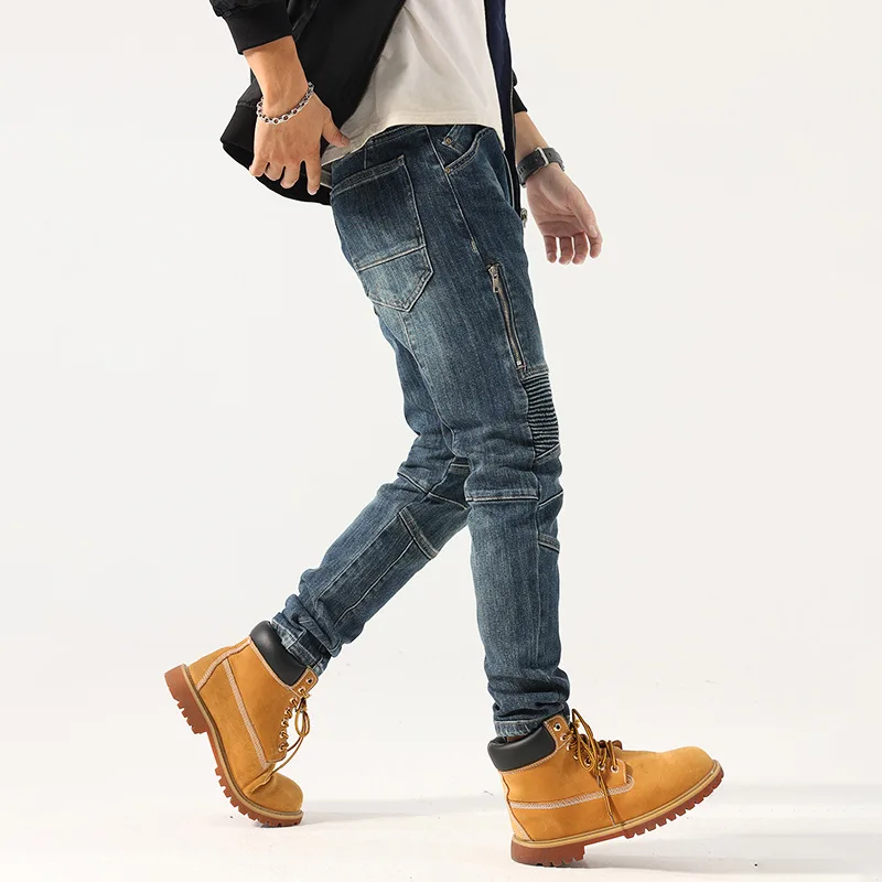 High Street Fashion Men Jeans Retro Blue Slim Fit Spliced Biker Jeans Homme Zipper Designer Hip Hop Pants Men Wrinkled Trousers