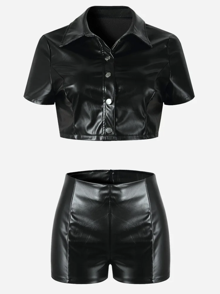 2 Pcs Leather Shorts Set for Women Sexy Faux Pu Top And Shorts Party Club Outfits Buttoned Belted Short Sleeves Womens Clothing