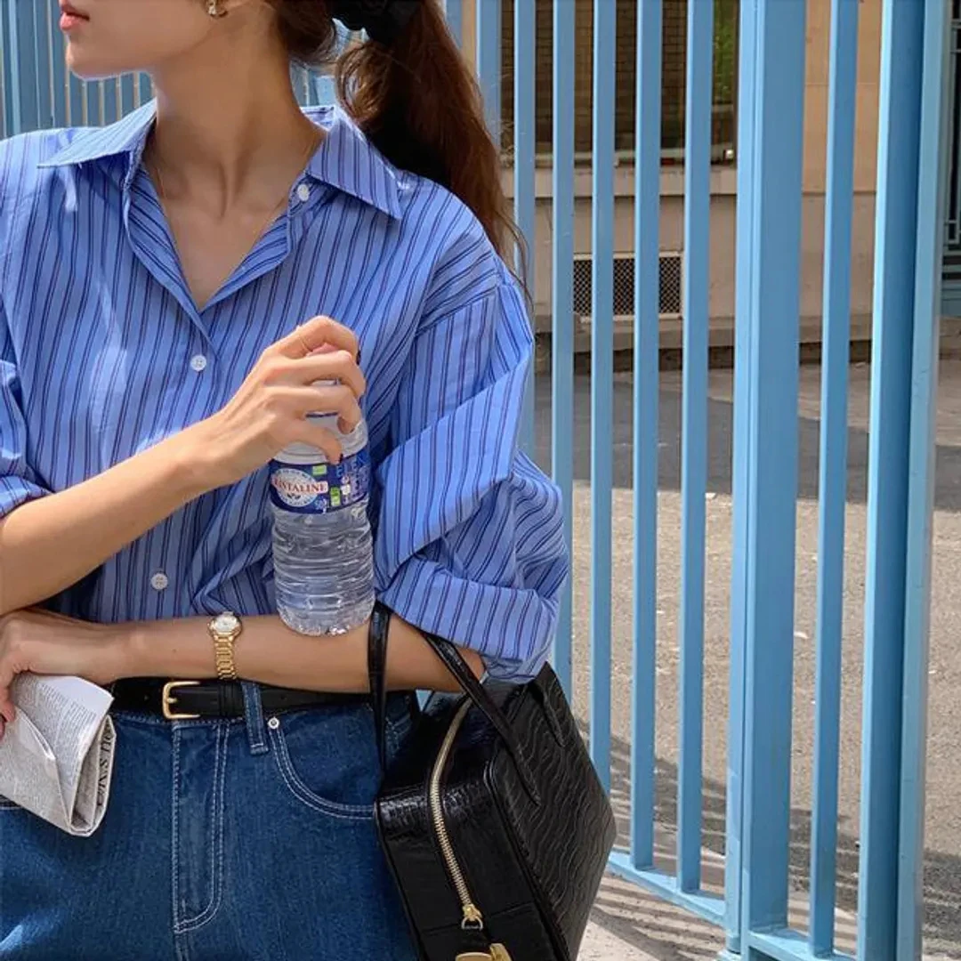 Spring Fall Women Blouse Vertical Stripe Printing Long Sleeves Turn Down Neck Korean Fashion Lady Blouses