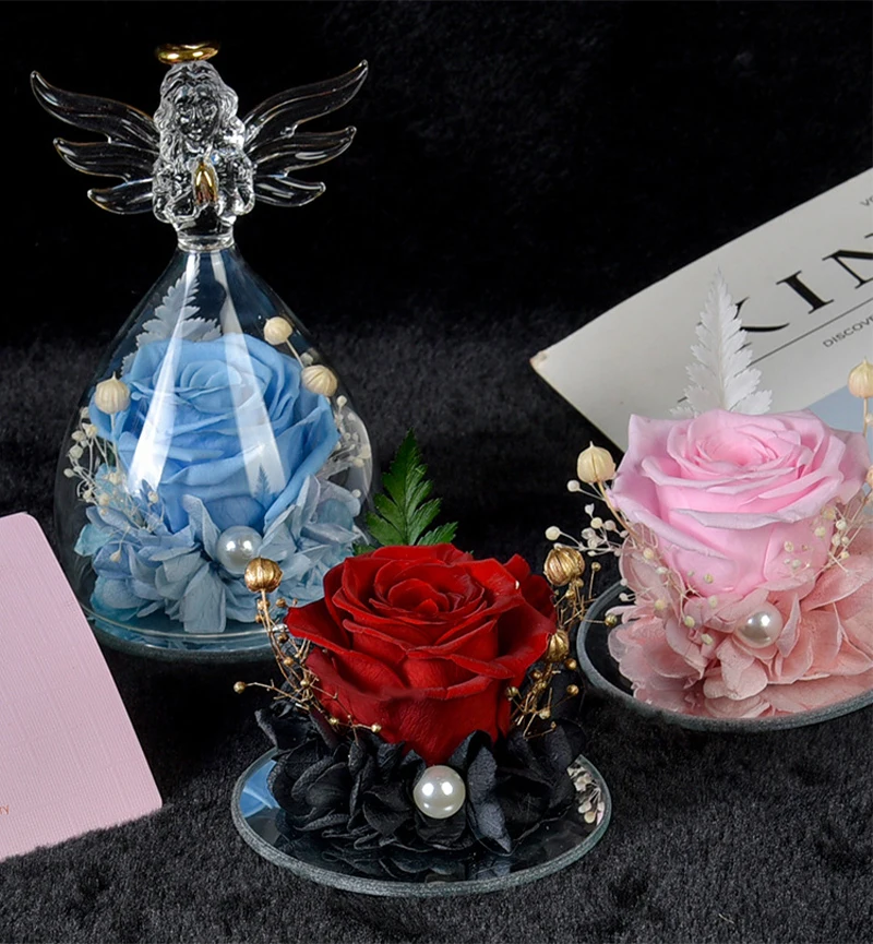Couvercle en verre de rose éternelle d'ange créatif, décoration de Noël, rose du jour de Léon, chaud