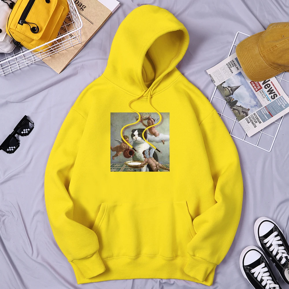 

С капюшоном и принтом короны ангела из Шотландской складки Мужская повседневная Креативная одежда, свободные толстовки в стиле хип-хоп, винтажная брендовая одежда для мужчин