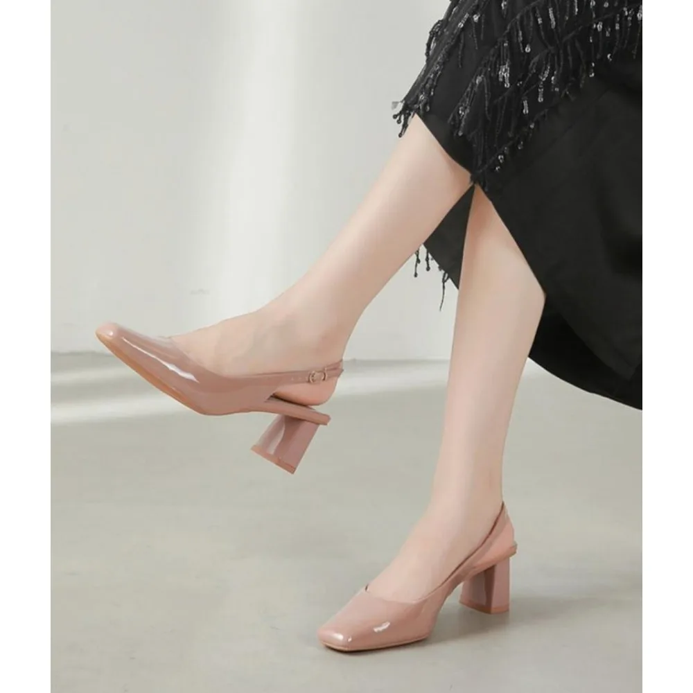 Meotina Women Slingbacks Pumps Square Toe Block Mid Heels Buckle Shallow Ladies Fashion Career Shoes Summer