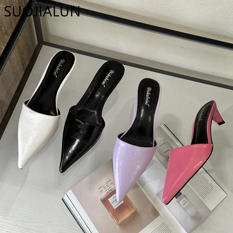 

Новинка Весна 2024, Брендовые женские тапочки SUOJIALUN, модные туфли без застежки с острым носком, уличные классические сандалии на среднем каблуке