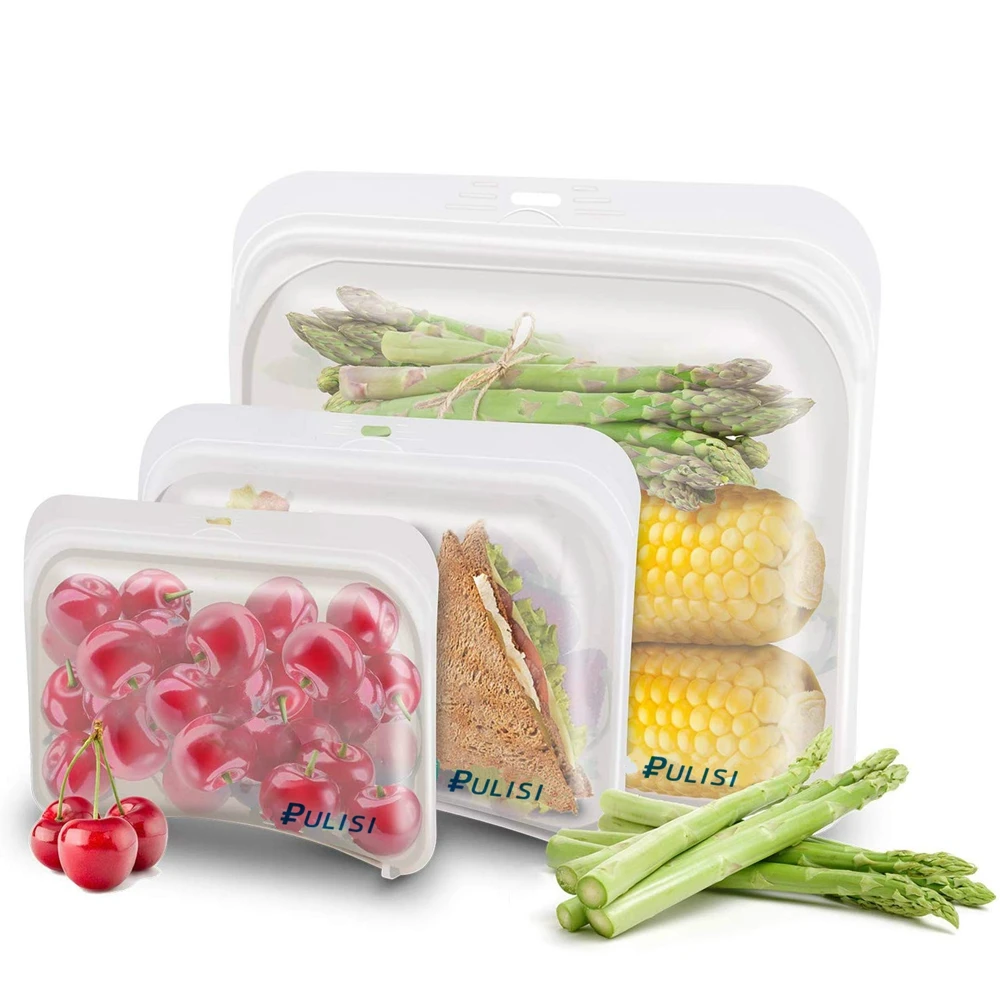 3pcsPackSiliconeReusableFoodStorageBagsAirtightZiplockSandwich