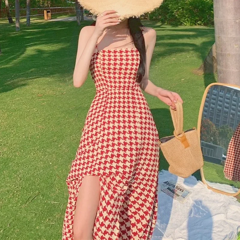 

Элегантное винтажное клетчатое платье на бретелях, летнее дизайнерское Сексуальное Женское Платье с разрезом, французское уличное длинное ретро платье на бретелях-спагетти, 2021
