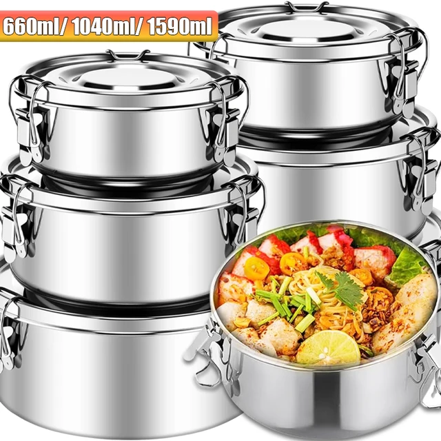Boîte à déjeuner ronde en acier inoxydable, boîtes à Bento portables Anti-fuite avec couvercle, collations aux fruits, récipient de stockage des aliments, bol de pique-nique de Camping 1