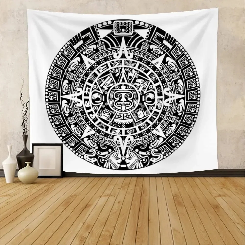 Aztec Calendar Tapestry Black and White Vintage Mayan Sign Ancient Words Wall Hanging for Bedroom Living Room Dorm Home Decor tapestry decor