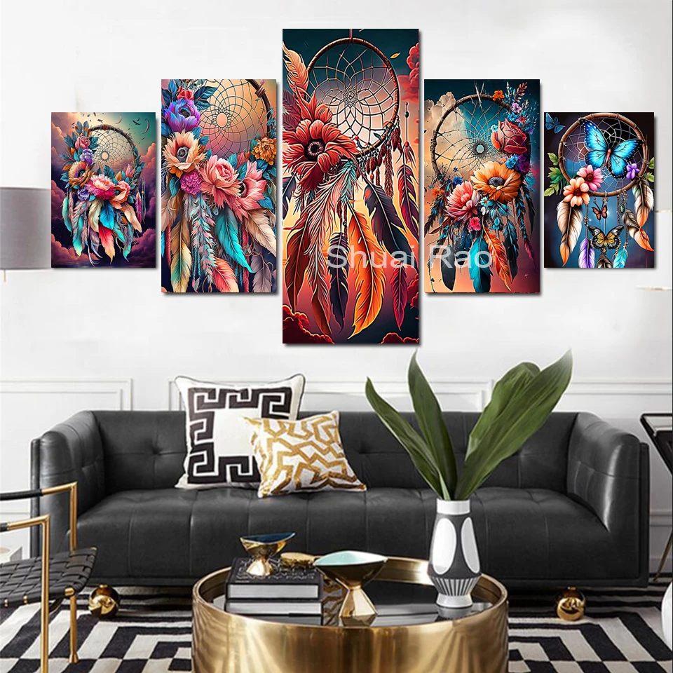 

Dream Catcher Feather Flowers Diamond Painting 5 Panel New 2023 Fantasy Colorful Art 5D DIY Full Drill Diamond Puzzle Art Decor