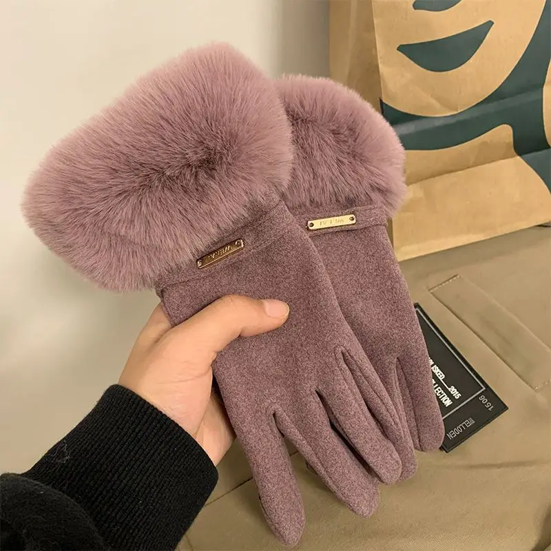 Gants d'hiver pour femmes, écran tactile, fausse fourrure, velours, épais, chauds, thermiques, coupe-vent, pour Ski, accessoires de cyclisme  200000297
