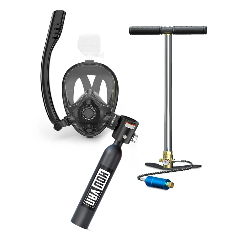 HOUVAN S300 Mini 0.5L Scuba Diving Tank with Snorkeling Full Face Mask And Hand Pump Diving Cylinder Dive Equipment for Adults