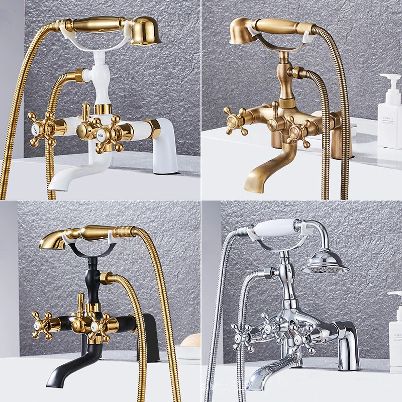 Antiker Messing-Badewannen- Und Duschhahn, Porzellan-Deko, Doppelgriffe, Mischbatterie, Deckmontage, Mit Verstellbarem Winkel, Duschhahn