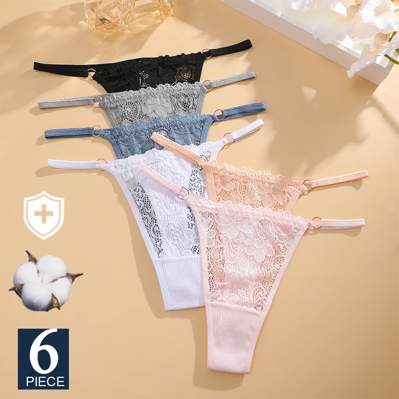 

FINETOO 6Pcs Lace Low Waisted G-String For Women Lace Lady Sexy Cotton T-back Breathable Thong Thin Strap Metal Buckle Thong