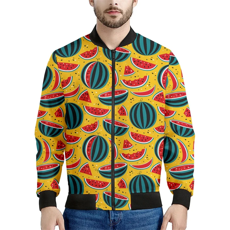 thumbnail image 1 of Chaqueta de bombardero con cremallera de primavera y otoño con estampado de frutas tropicales, moda Harajuku, chaqueta de vuelo de manga larga con estampado 3D de sandía, 1 of 4