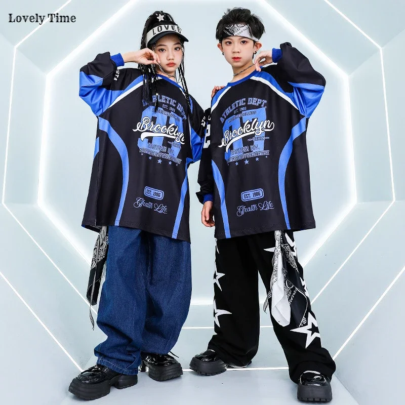 Girls K-pop Loose Contrast Sweatshirt Street Dance Pants Boys Hip Hop Jeans Clothes Sets Kids Jazz Costume Child Cool Streetwear