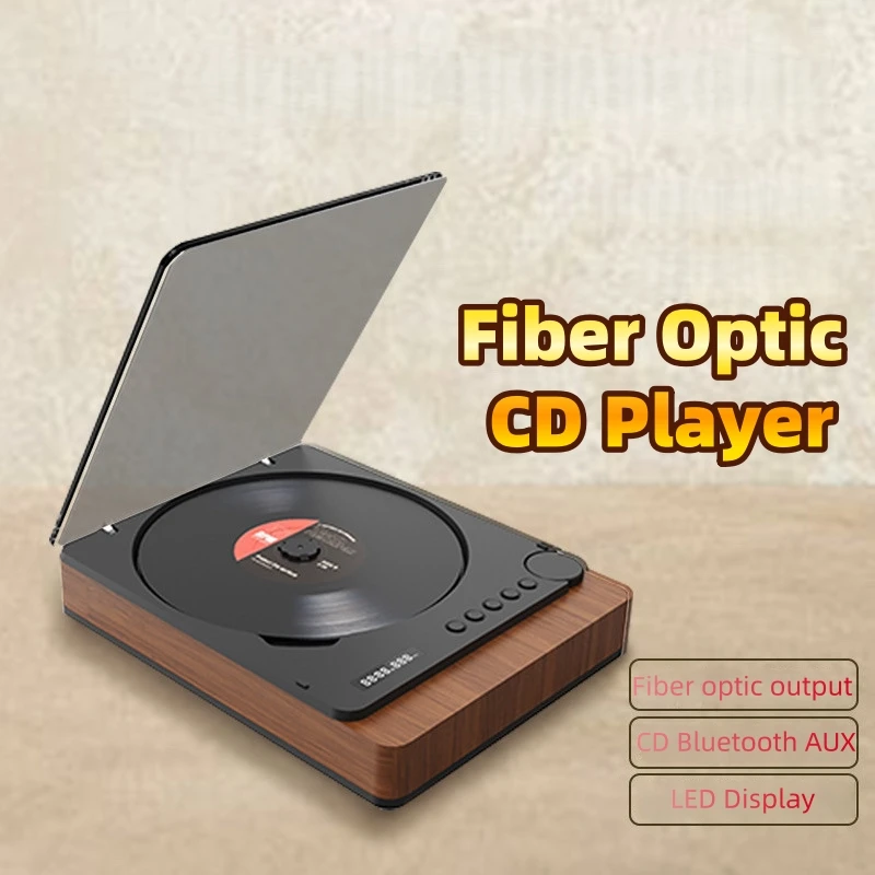 Retro CD Player with Optical Fiber LED Display HiFi Stereo Sound AUX USB Wireless Bluetooth for Home Desktop Theater Audio