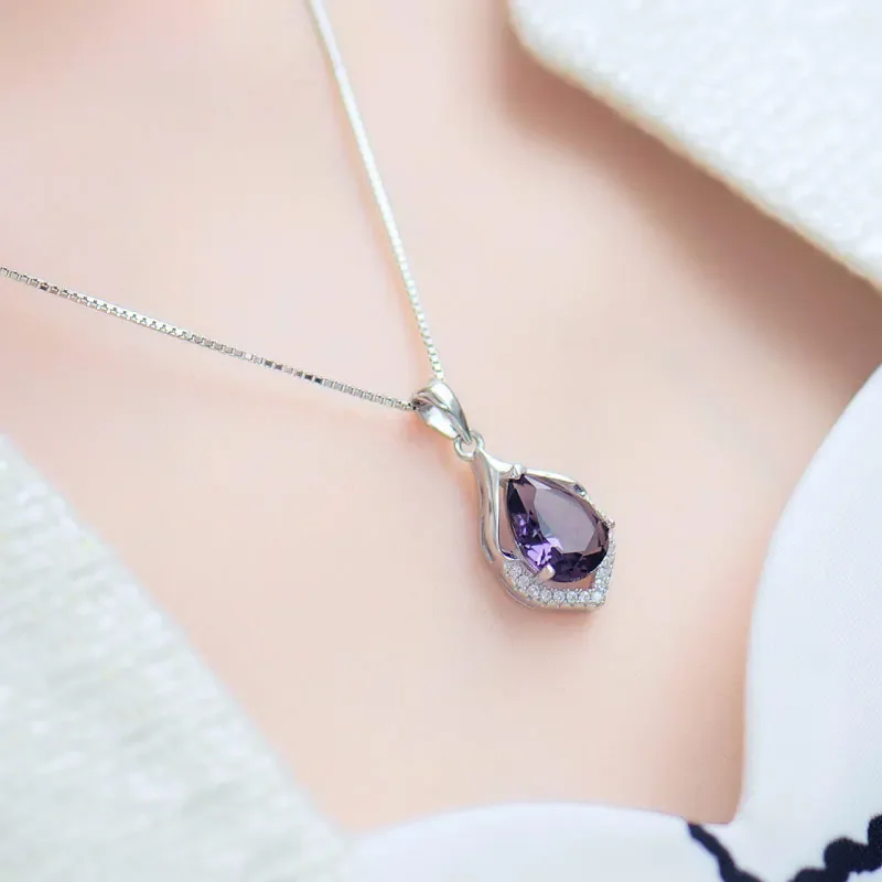 Natural Amethyst S925 Silver Necklace Female Pendants Clavicle Chain Accessories Peridot Gemstone pendant necklace silver necklace