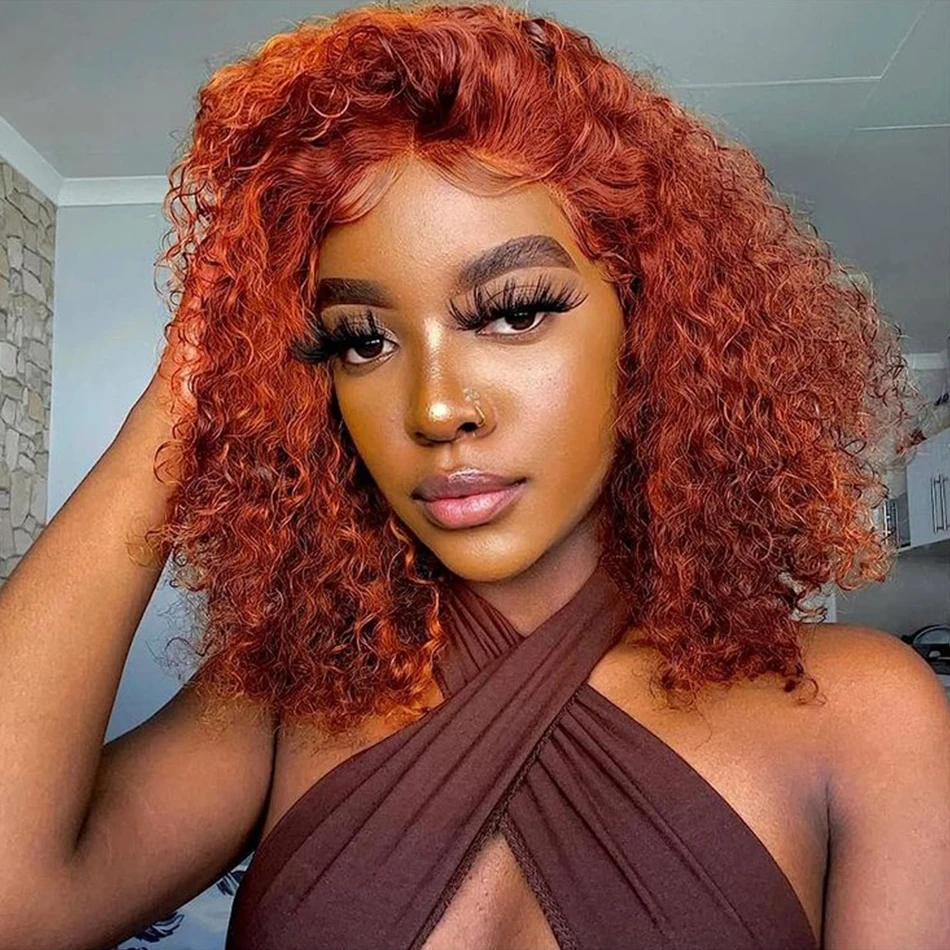 Ginger Orange 13X4 Curly Bob Glueless PrePlucked Brazilian Front Human Hair  Wigs