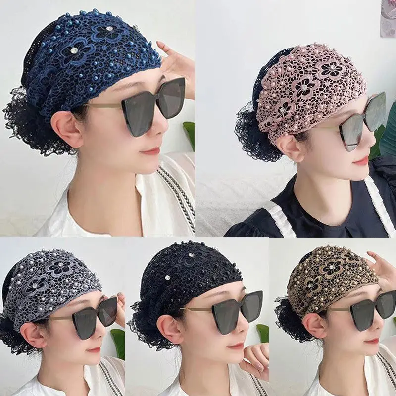 Ladies Floral Lace Headscarf Women Inner Hat Hijab Scarf Lace Cap Turban Headwear Underscarf Flower Headscarf Wrap Bonnet Hair ladies headscarf