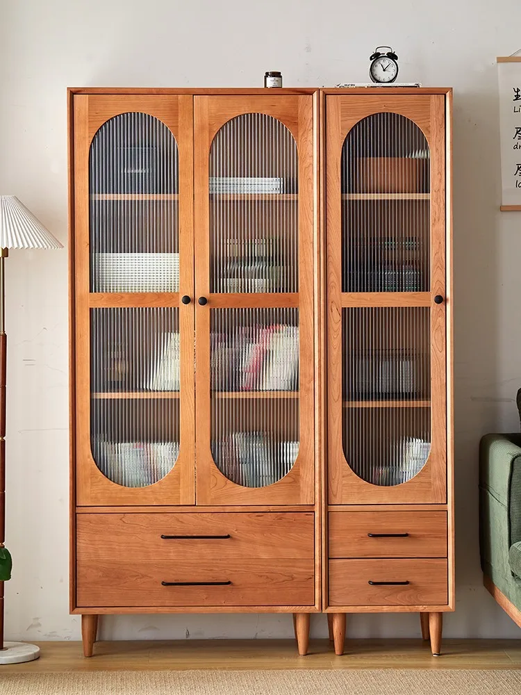 Nordic Solid Wood Bookcase Modern Simple Porcelain Cabinet Glass Door  Storage Cabinet Study Storage Cabinet Living Room Display Cabinet Wine  Cabinet