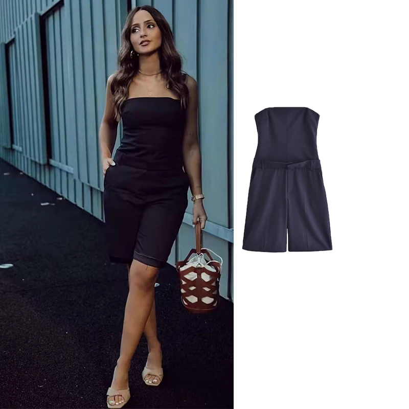 

TRAF Female Jumpsuit Off Shoulder Short Jumpsuit Woman 2023 Autumn New Sleeveless Cargo Jumpsuits For Women Outfit