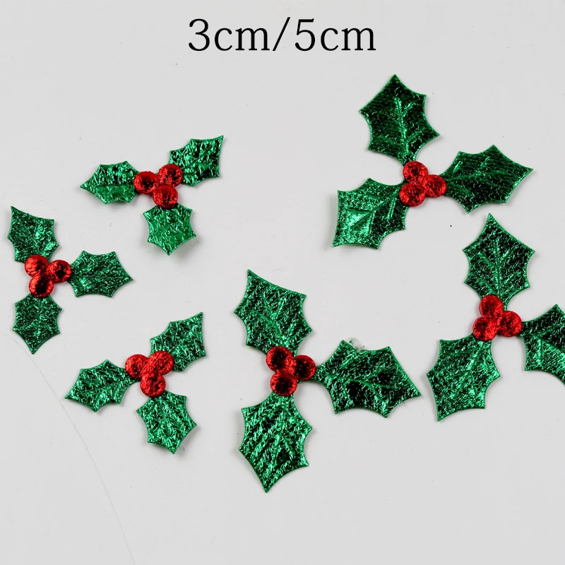 Christmas Glitter Holly Leaf And Red Berry Decoration Table Ornaments DIY Art Fabric Applique Accessories 100Pcs
