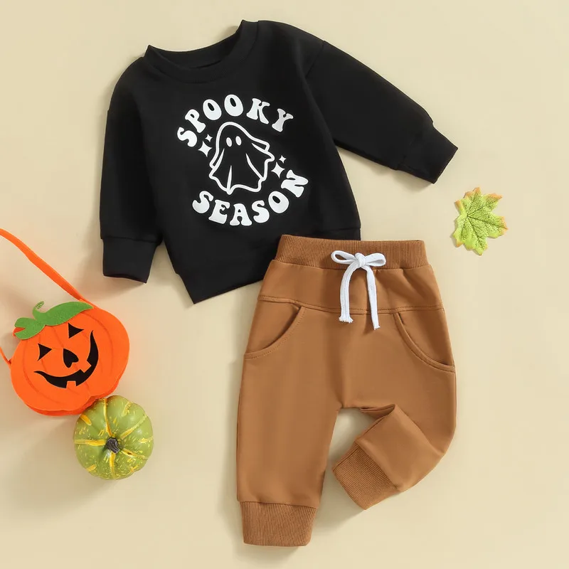

Halloween Baby Boy Pant Sets Autumn Clothes Outfits Letter Ghost Long Sleeve Sweatshirt and Elastic Pants Baby Items Clothing