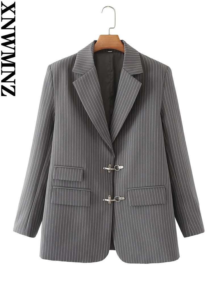 XNWMNZ 2022 Women Fashion Striped Blazer Jacket Woman Retro Long Sleeve Buttons Casual Female Chic Blazer