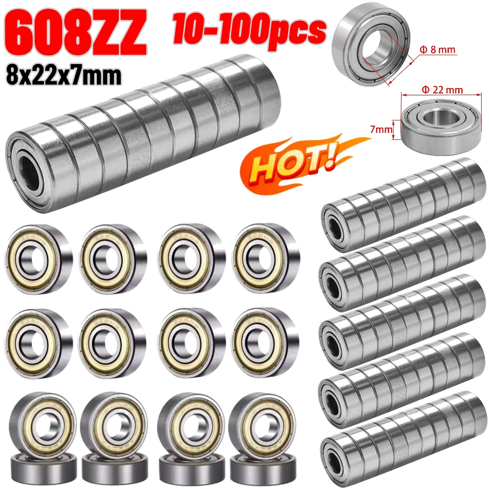 608 ZZ 608RS Ball Bearings 608ZZ Metal Double Shielded Miniature Deep Groove Skateboard Ball Bearings 8mm X 22mm X 7mm 10-100Pcs