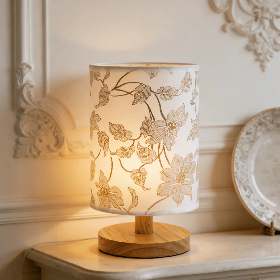 1PC 우아한 화이트 & 골드 플로럴 데스크 램프, 원통형 패브릭 갓이 있는 천연 나무 베이스 야간 조명