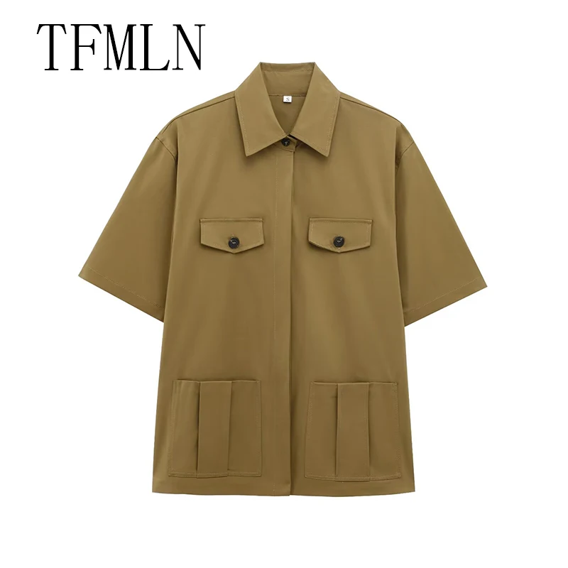 TFMLN Spring Summer New 2pcs Sets 2025 Women Solid Color Short Sleeve Shirts Pockets Tops Casual Shorts Sets