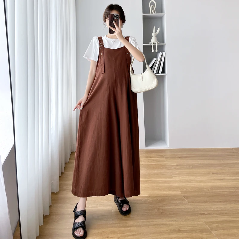 

Summer Preppy Style Pregnancy Jumpsuits Plus Size Brown Maternity Rompers Fashion Long Loose Wide Legs Pregnant Woman Overalls
