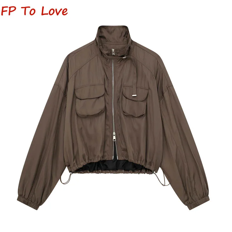 

Loose Cargo Pockets Short Jackets Women Baggy Long Sleeve Drawstring Waisted Zipper Casual Brown Outwears