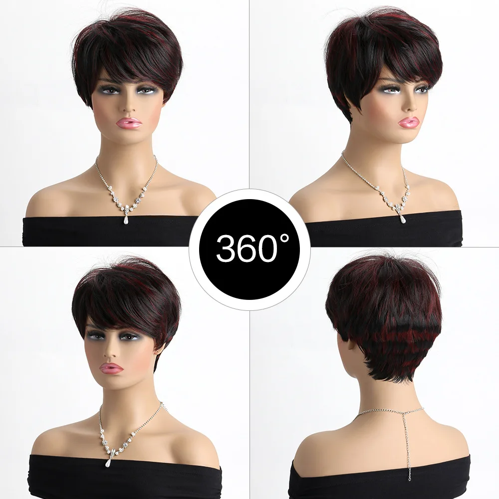 Short Synthetic Fluffy Curly Wigs Black Mixed Purple Red Wigs Ombre Fake Hair Wig with Bangs For Woman Daily Wear Wigs