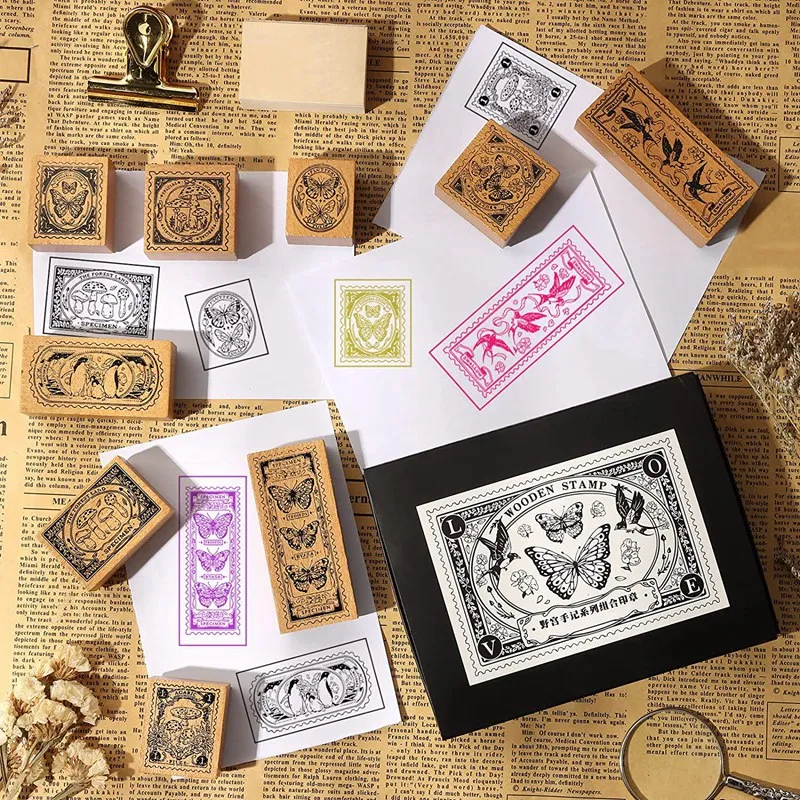 Draupnir 9pcs Vintage Wooden Rubber Stamp Set,Butterfly & Mushroom Scrapbooking Stamps for Junk Journal DIY Craft Scrapbook Album Diary Card Making Planner 
