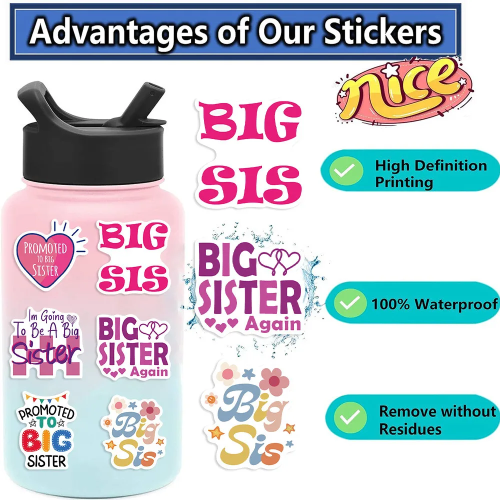 50개 핑크색 '큰 언니' 창의적인 스티커 - 기타, 노트북 및 여행 가방용 방수 DIY 장식 BulingBulingStickers Store
