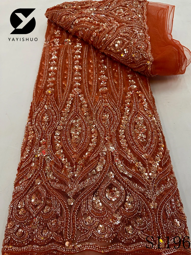 African Heavy Beaded Lace Fabric, Nigerian Sequins Tulle, Luxury Wedding Dress, High Quality, S1196, 5 Yards, 2024