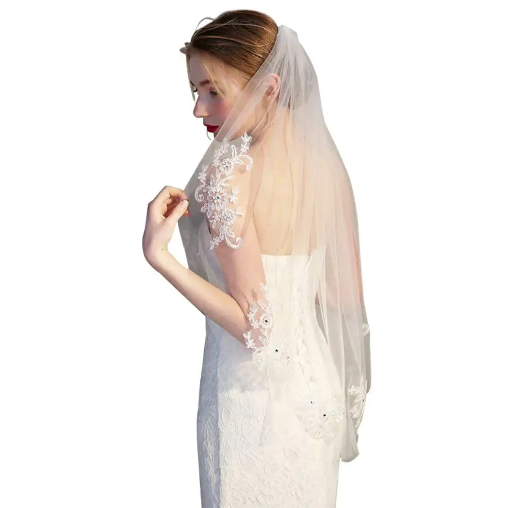 

Lace Appliques Wedding Veil Crystal Beaded With Comb,WHITE