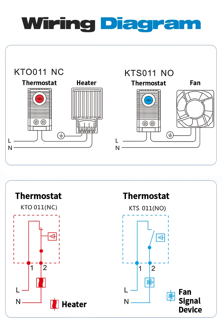 DIN-Schienenschrank-Temperaturregler KTO011 KTS011 NC/NO 0-60 ℃ Mechanischer Temperaturregler, Mini-kompakter Bimetall-Thermostat – Detail 8