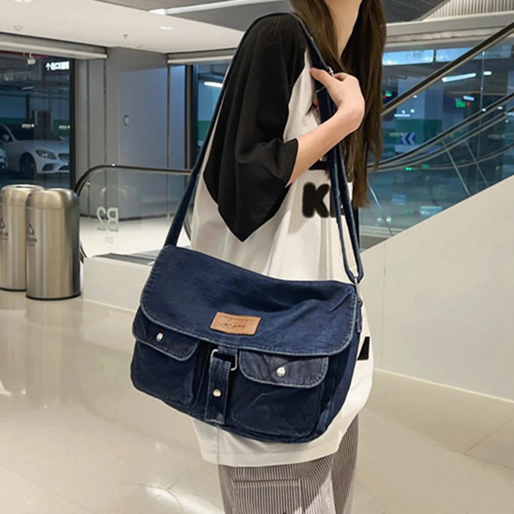 Women Denim Shoulder Bag Multi Pocket Crossbody Pouch Large Capacity Versatile Adjustable Strap Jean Bag for Travel Work