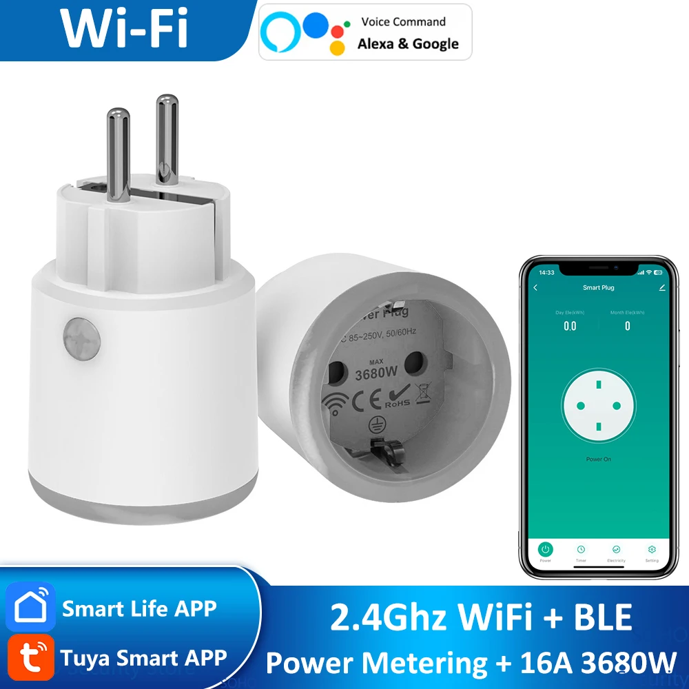 EU Tuya Smart Home 2.4 Ghz WiFi + BLE 16A Power Metering Plug, การตรวจสอบพลังงานจับเวลา, รีโมทคอนโทรล, Alexa Google, ล็อคเด็ก 1