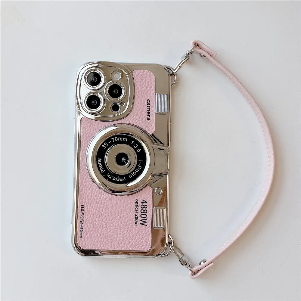 Luxury Retro Stereo Camera Hand Lanyard Phone Case with Leather Pattern