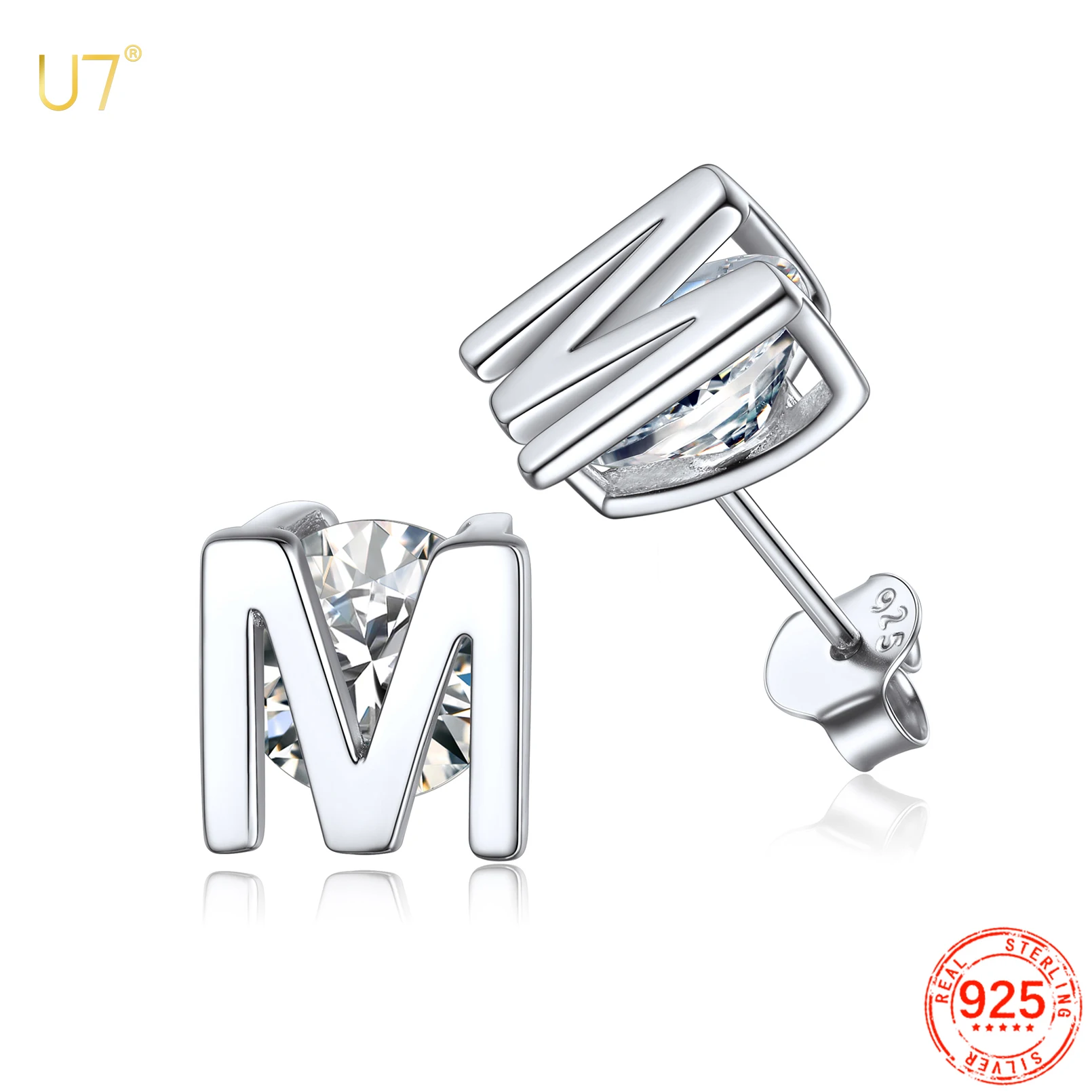 

U7 925 Sterling Silver White Cubic Zirconia 8mm Initial Letter Stud Earrings for Women Birthday Valentine's Day Jewelry gift