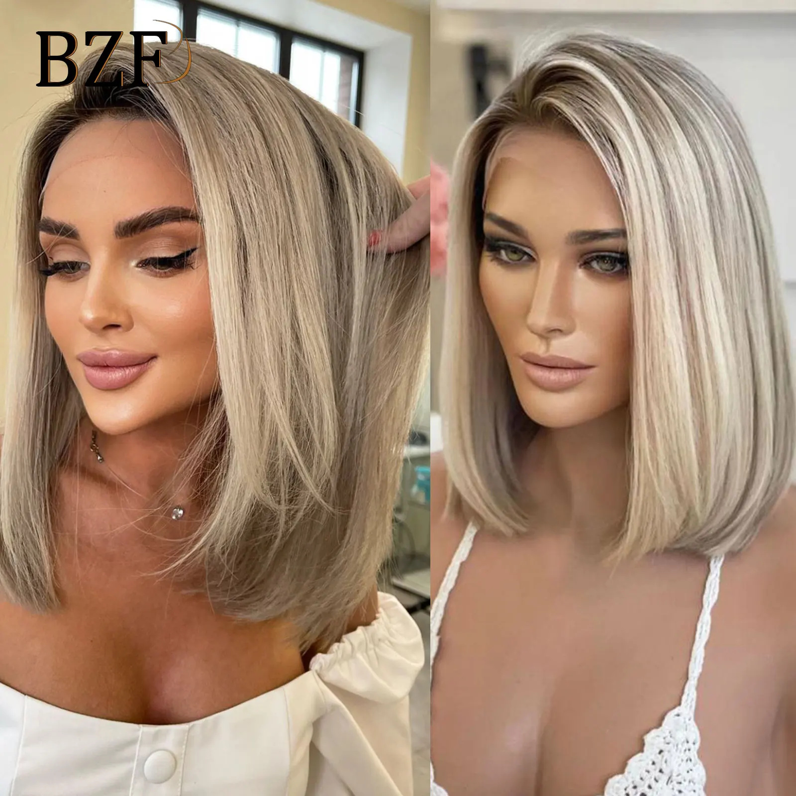 Synthetic Wig 12Inch Blonde Highlight Short Bob Wigs Dark Roots Lace Front Colored Straight Blonde For Women Daily Use