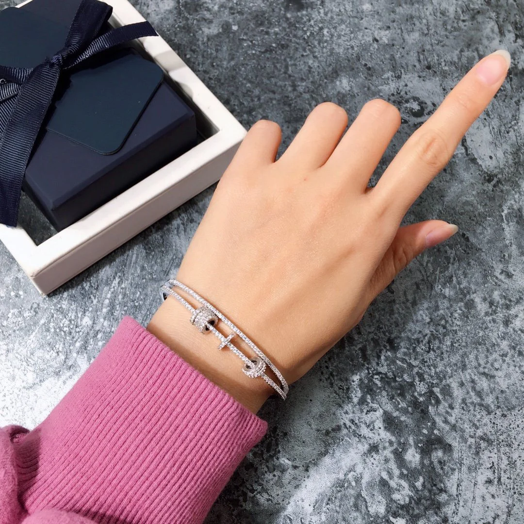 2022 Hot Trend Double Row Flash Diamond Smart Bracelet Everyday Wear, Party, Birthday Golden Colored Gem Gold Plated Brass