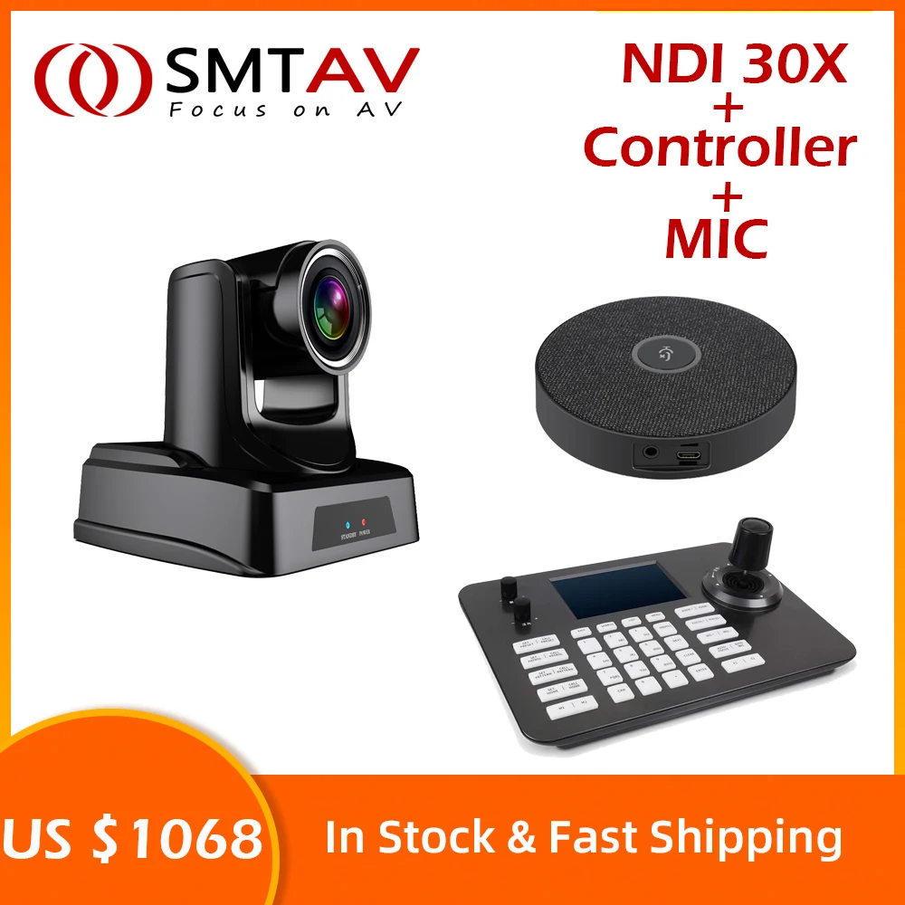 SMTAV POE NDI PTZ 카메라 30x 및 4D POE 조이스틱 네트워크 PTZ 컨트롤러 및 1pcs 360 ° 원거리 픽업 USB 마이크
