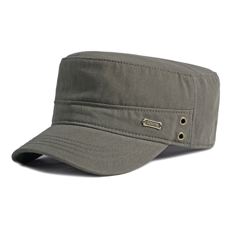 [Casual Military Hats For Men Cotton Flat Top Army Caps Women Solid Color Black Sun Hat Metal Tag Visor Curved Brim Adjustable