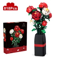 Creative Red Rose Vase Plants Model Building Blocks Moc Romantic Classic Flowers Bouquet Potted Bricks Toys Valentine's Day Gift 1